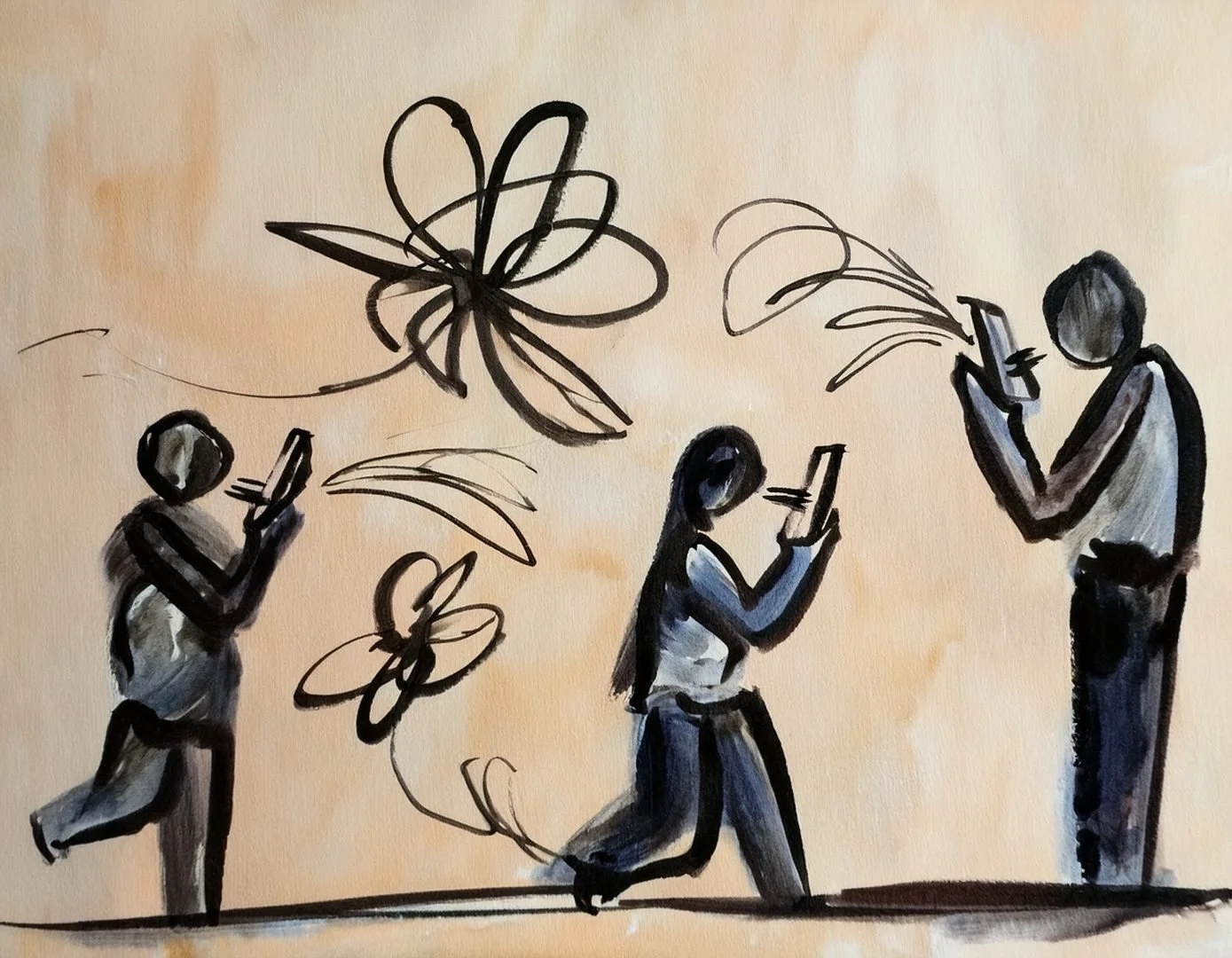 An illustration of three figures interacting with a large, floating floral or organic shape. One figure points a device at it, suggesting the process of analyzing or making choices based on data.