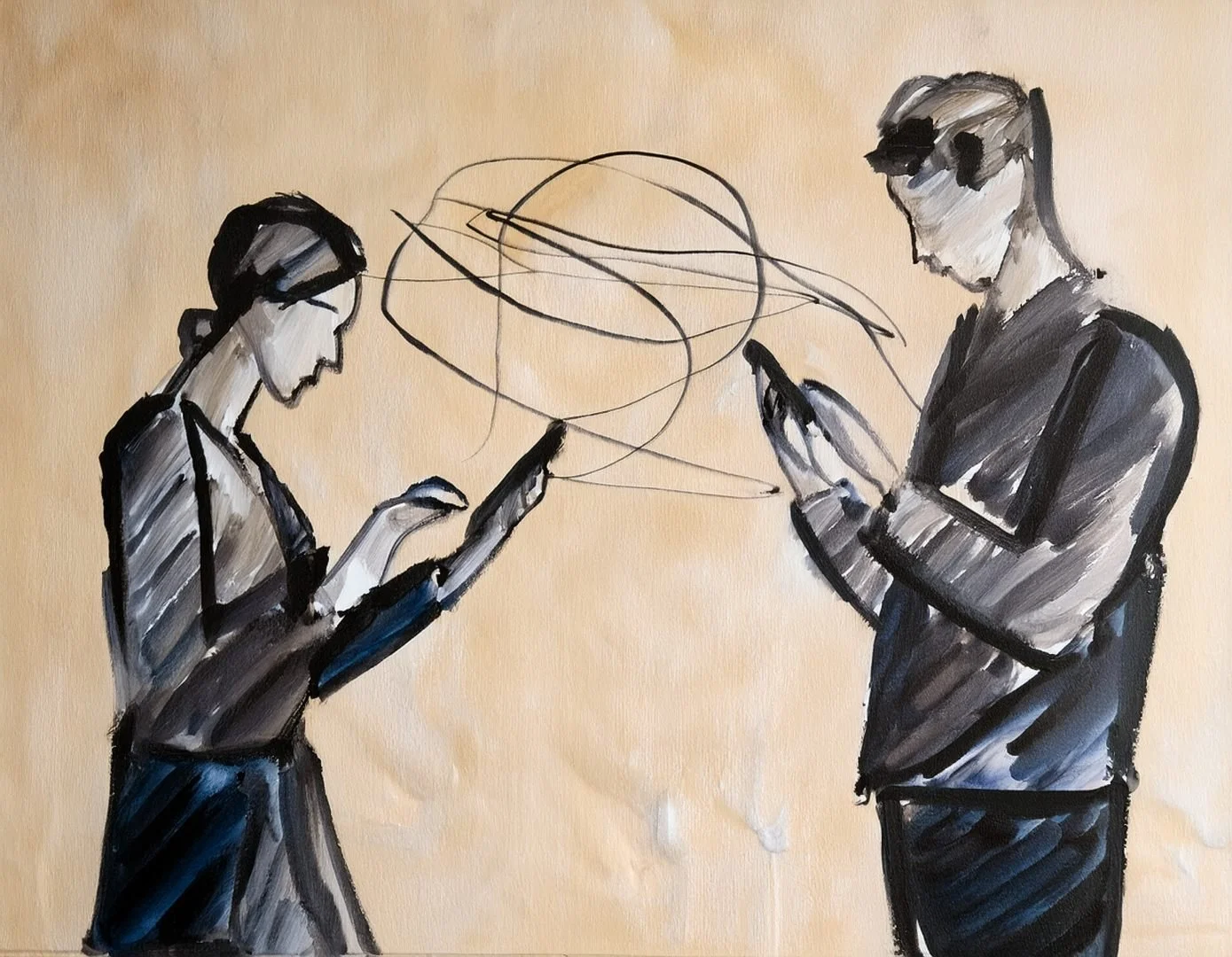 A man and a woman stand near each other, looking at their handheld devices. Soft, swirling lines bridge the space between them, suggesting a shared but quiet moment of digital reflection.