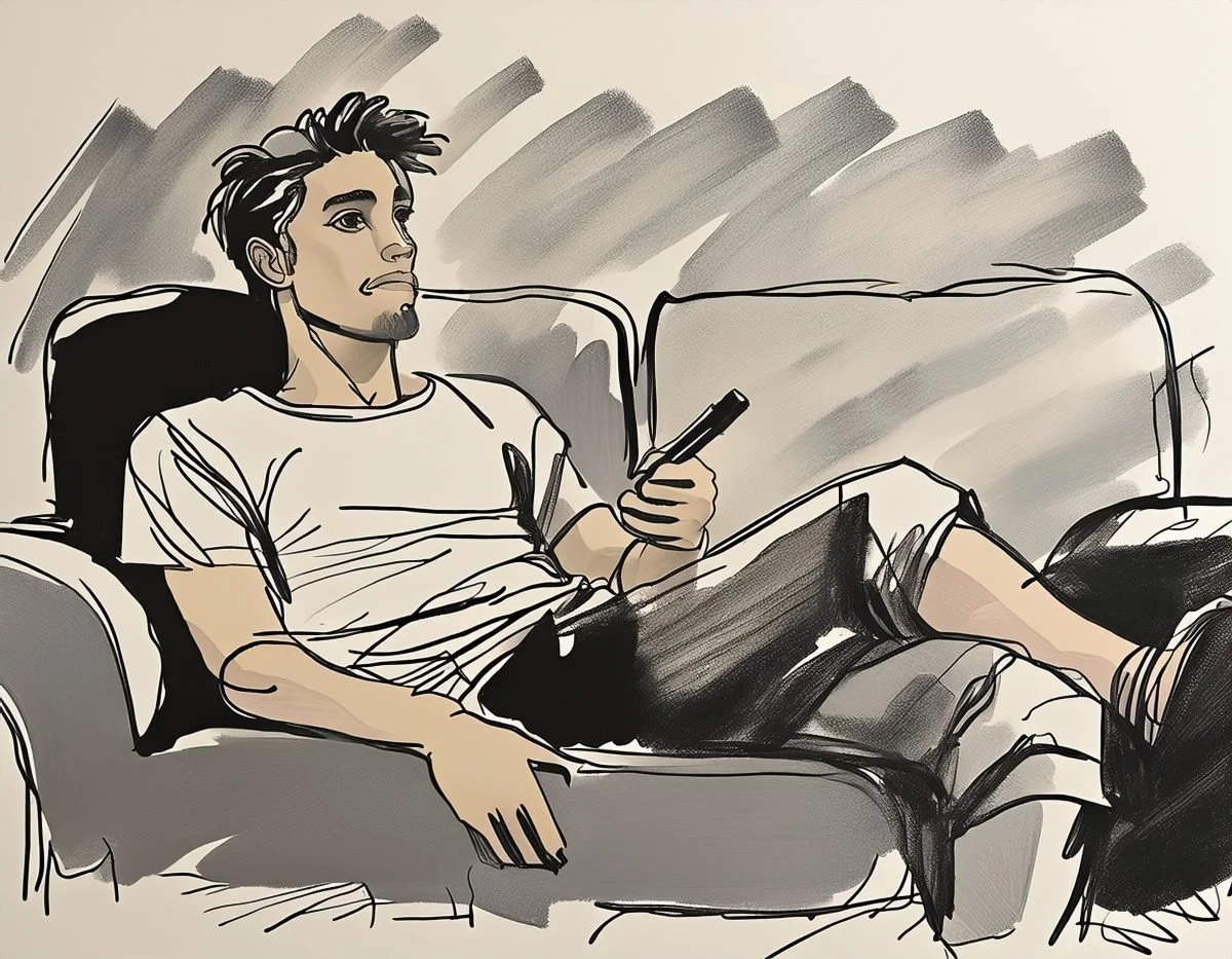 A sketch of a person reclining comfortably on a sofa or lounge chair, holding a smartphone. The drawing uses loose, expressive lines to convey a sense of private, quiet immersion in the digital world.