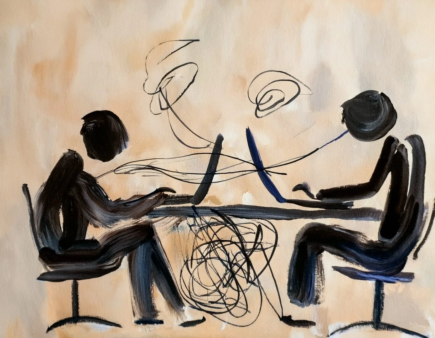 Two figures sit at laptops. Their digital "speech bubbles" or thoughts are filled with messy, frantic scribbles, depicting the fast-paced, sometimes confusing nature of real-time digital interaction.