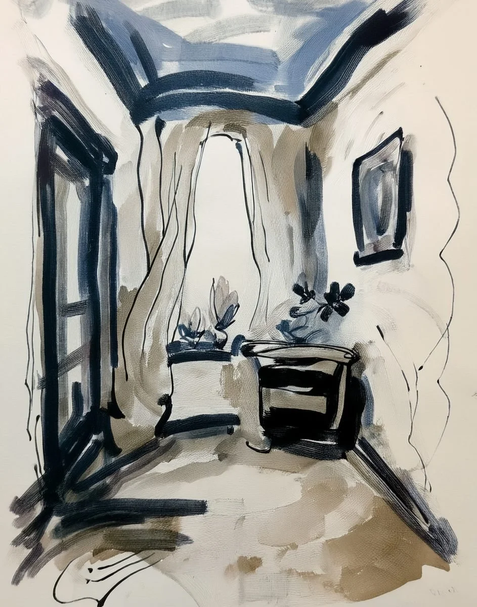 inky illustration of a room used in the liminal archive