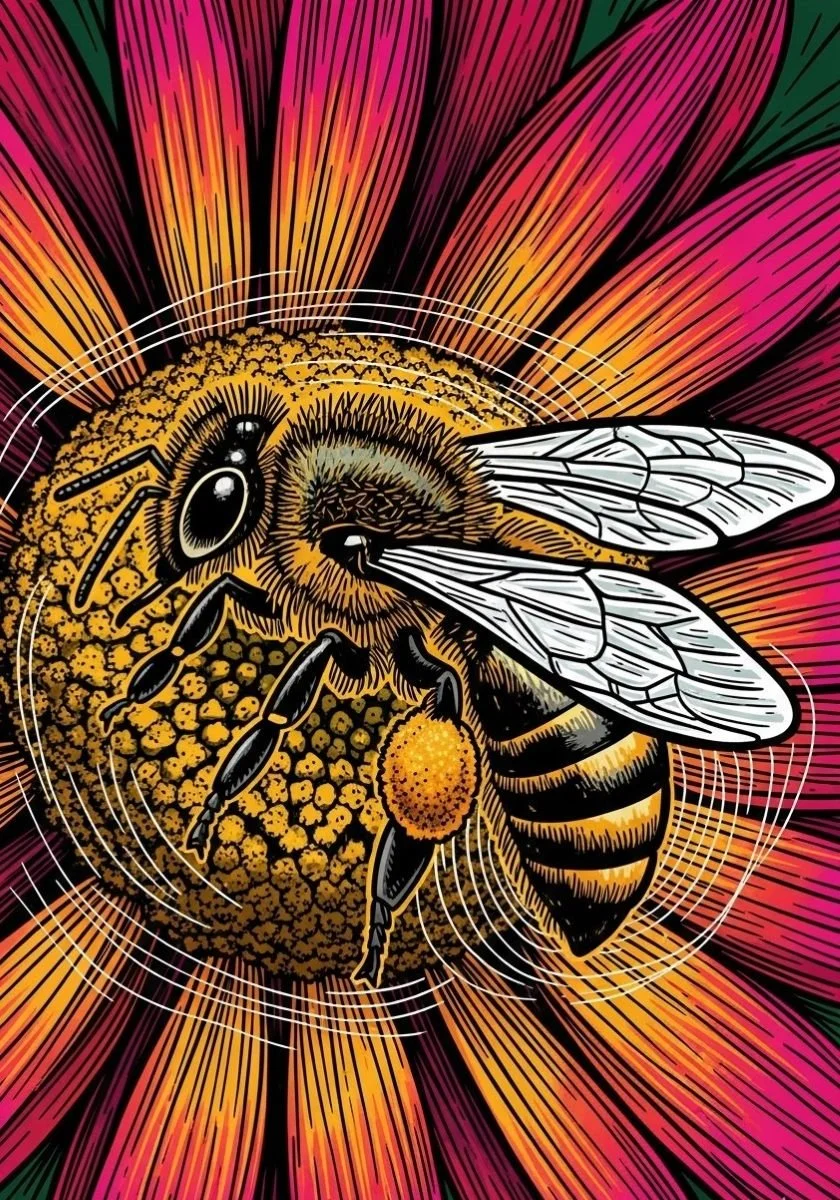 Bright illustration of a bee hovering over a radiant flower with glowing petals.