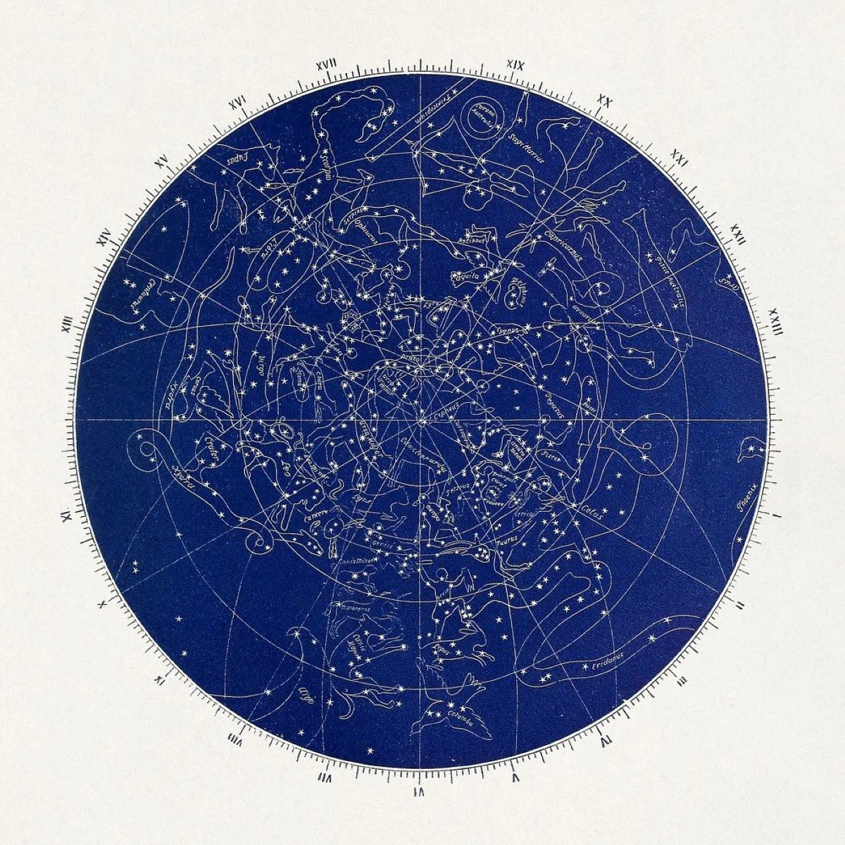 Star chart of the zodiac with constellations and celestial names on a blue background.