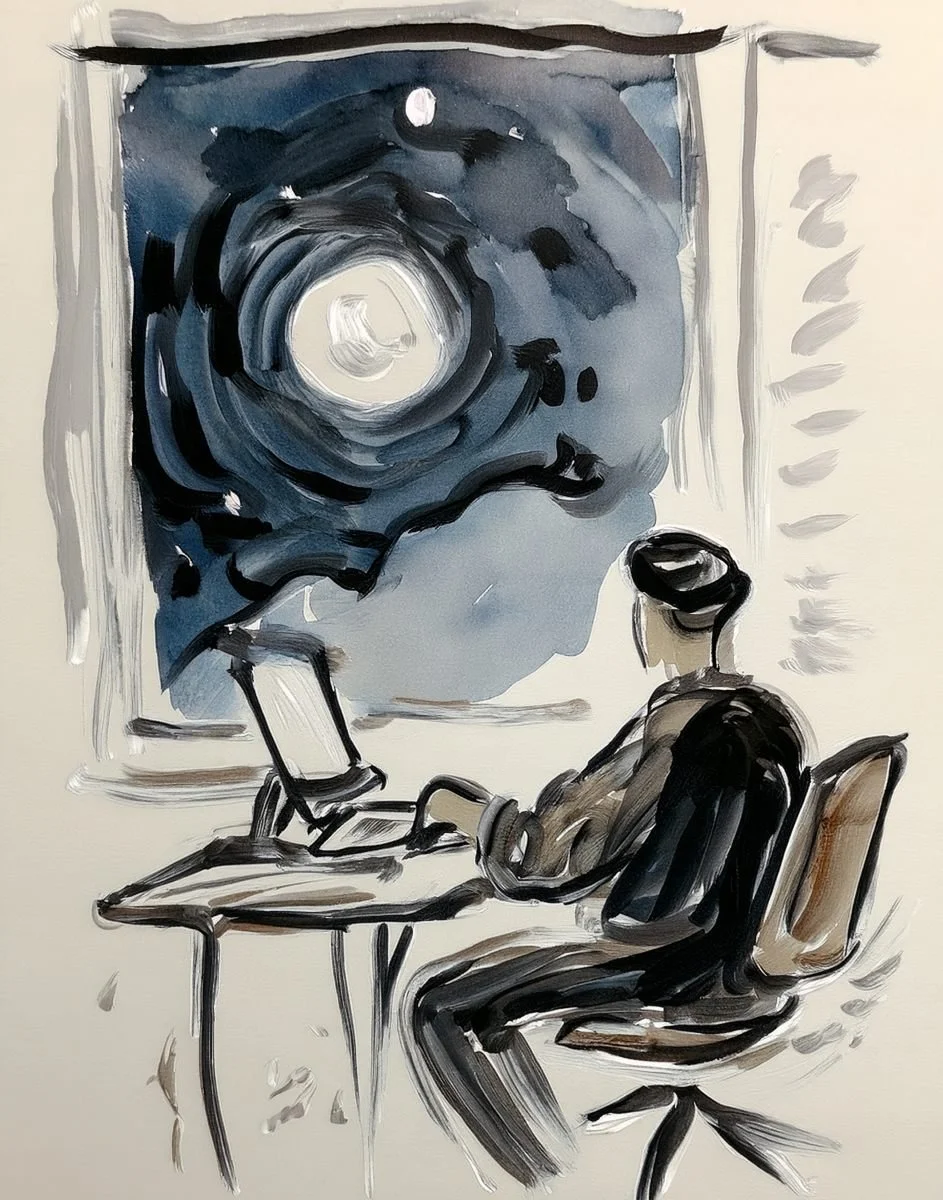 inky illustration of man working at a desk at night used in the liminal archive