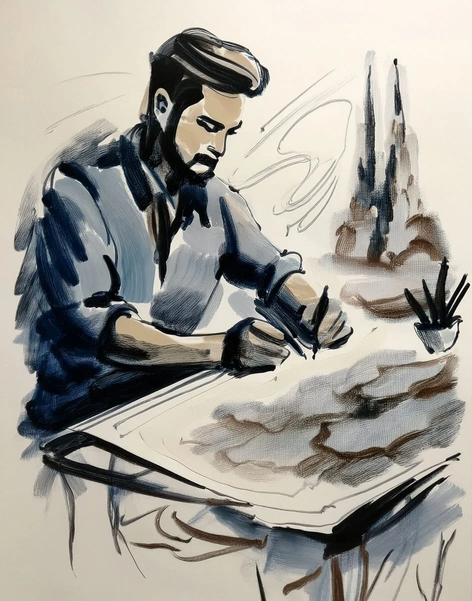 ink and watercolour illustration of an architect at his desk, for the Liminal Archive