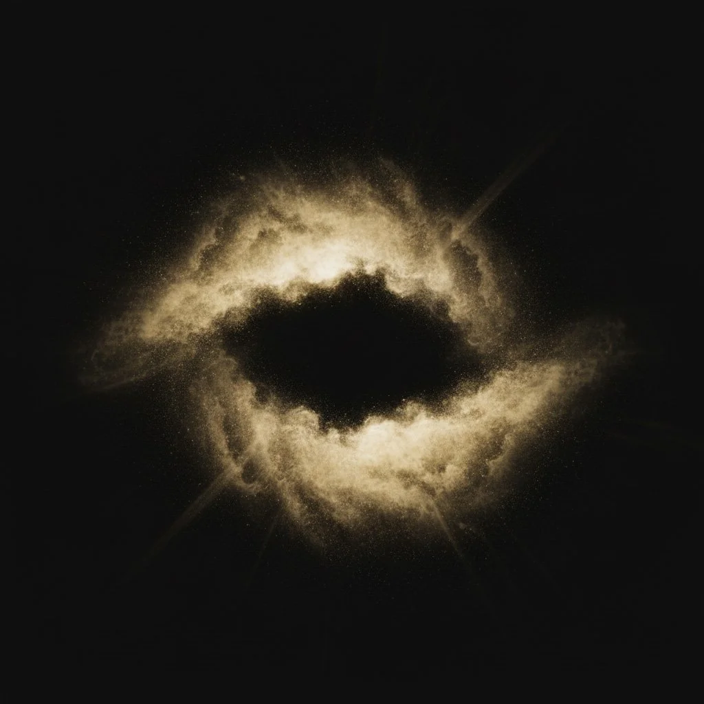 A digital illustration of a black hole with bright, glowing edges in space.