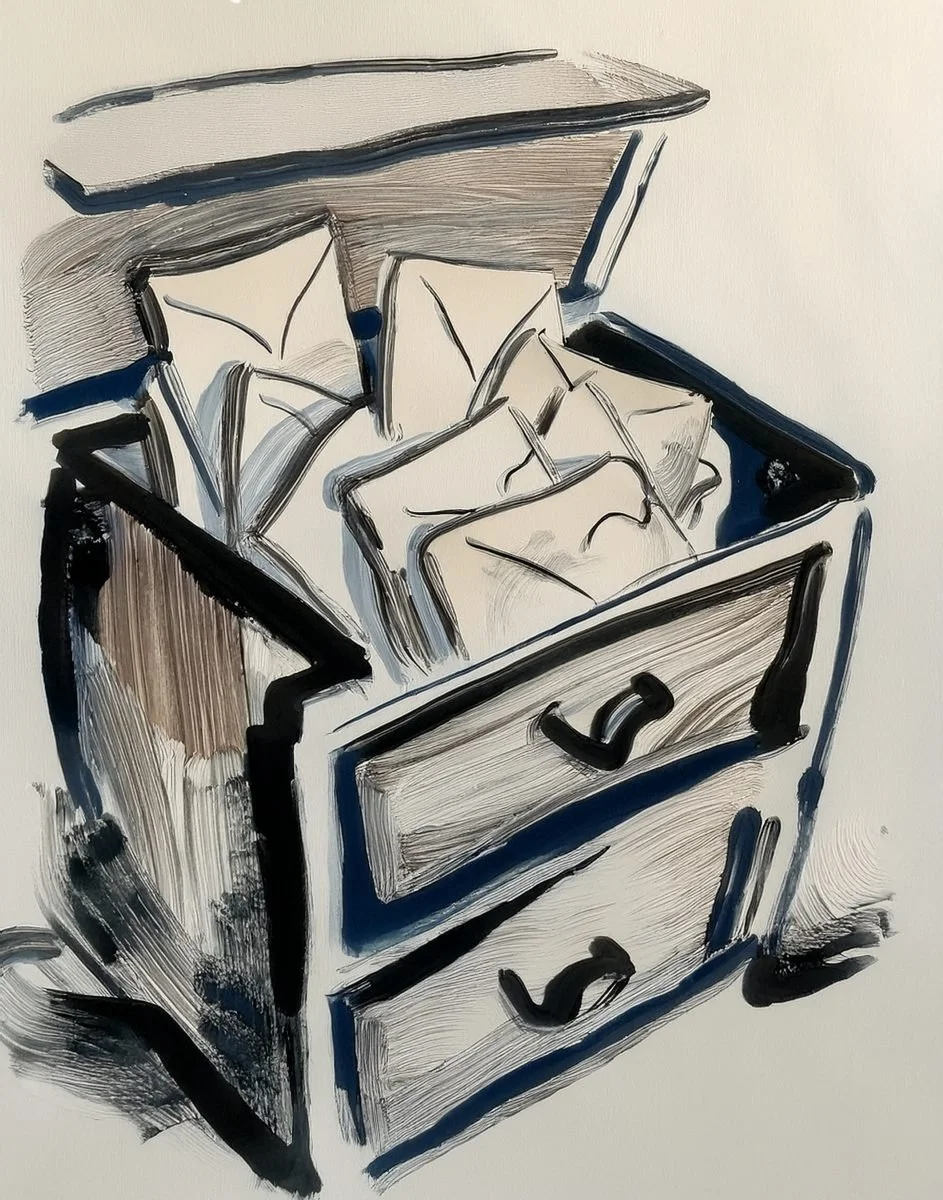 inky illustration of letters in a drawer in the liminal archive