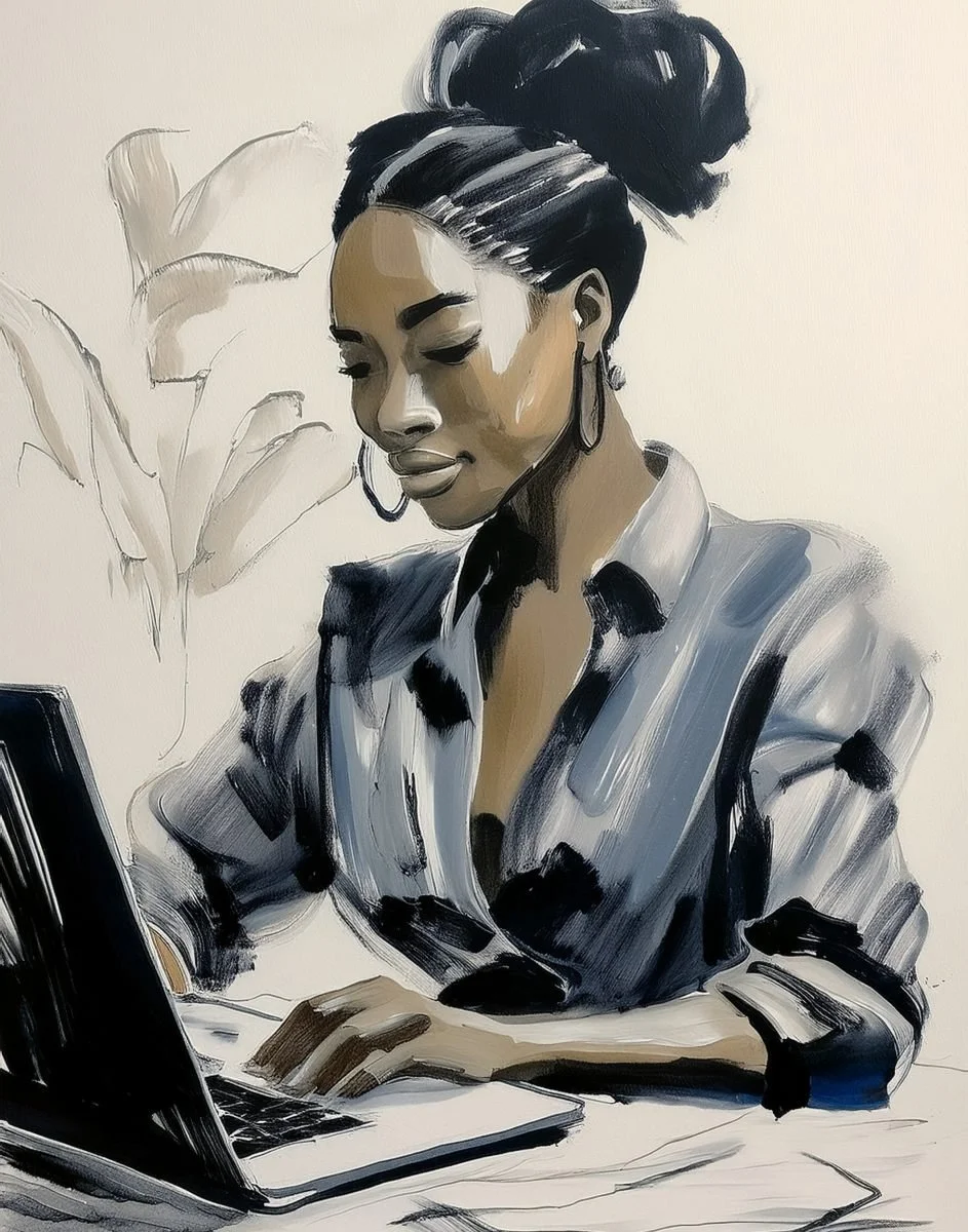 ink and watercolour illustration of a woman on a laptop, for the Liminal Archive