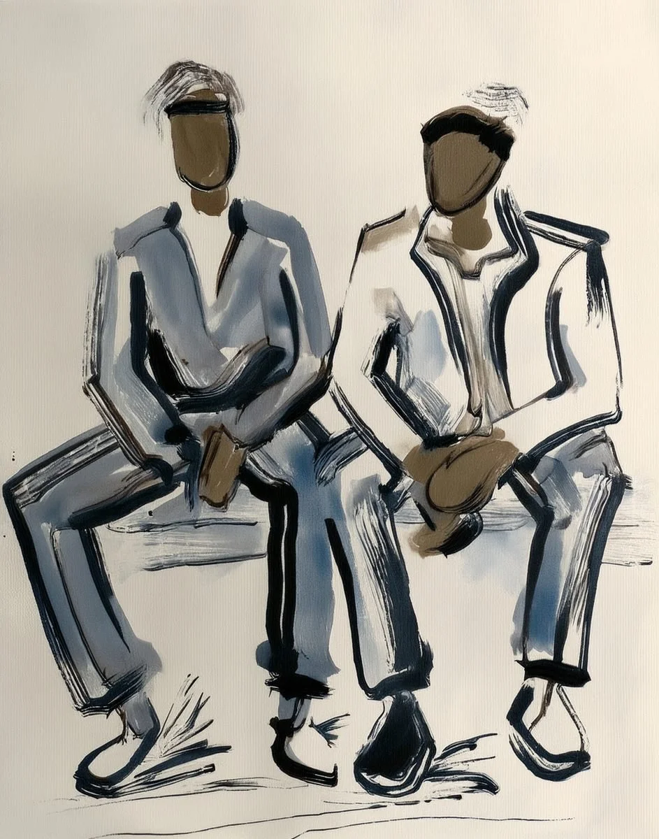 inky illustration of two men on a bench used in the liminal archive