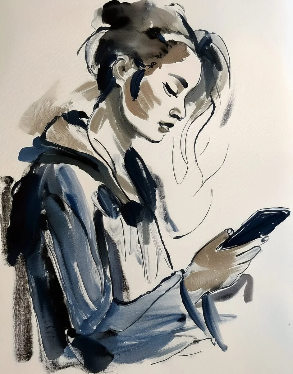 ink and watercolour illustration of a woman looking at a smartphone for the Liminal Archive