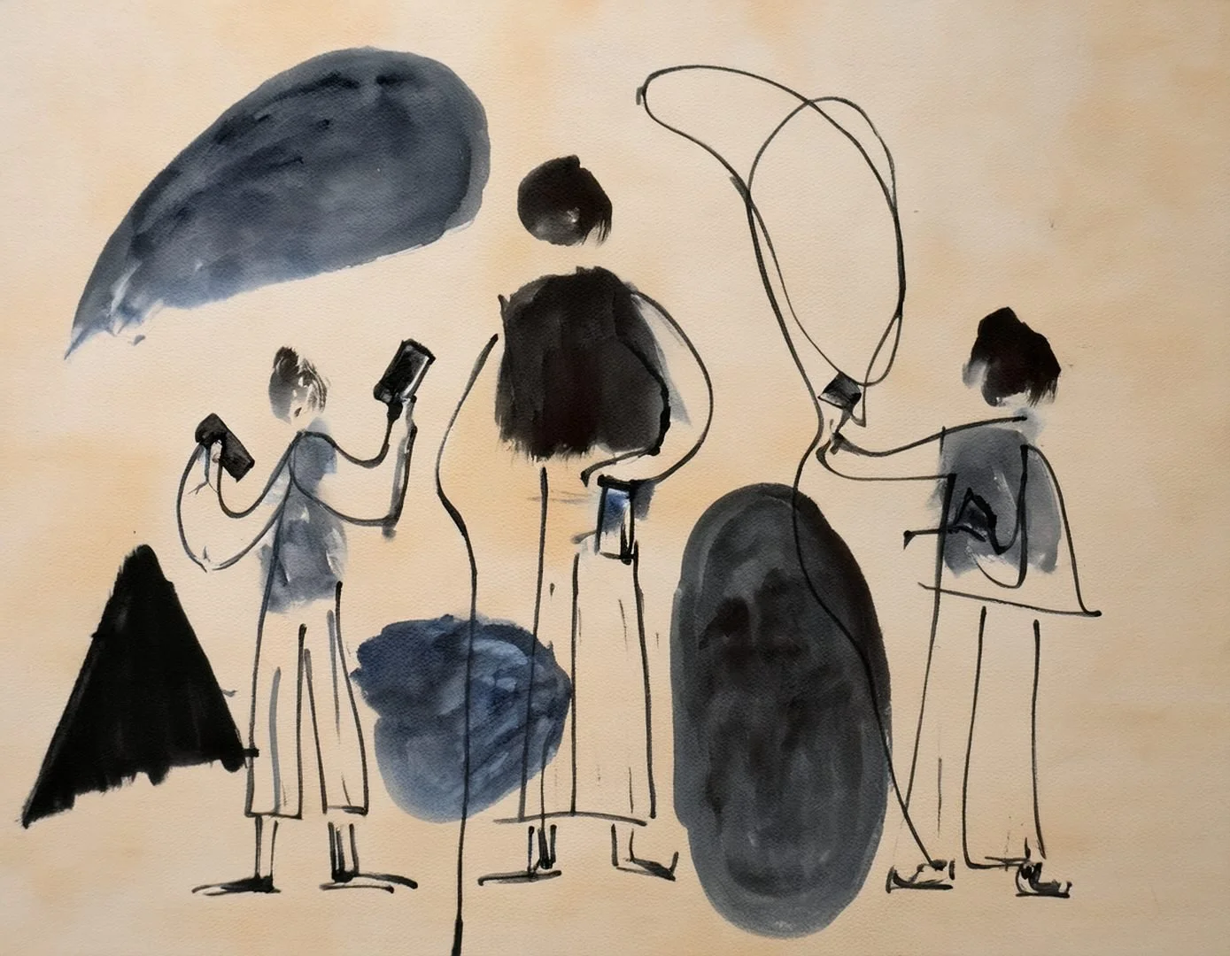 A group of abstract figures standing amongst various geometric shapes and fluid, ink-blot forms, representing the movement of information or skills between different contexts.