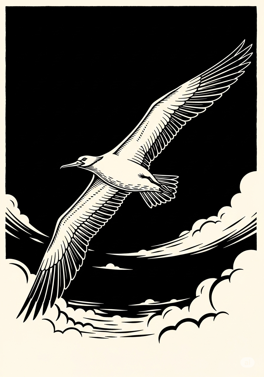 Black-and-white illustration of a large seabird gliding above clouds.