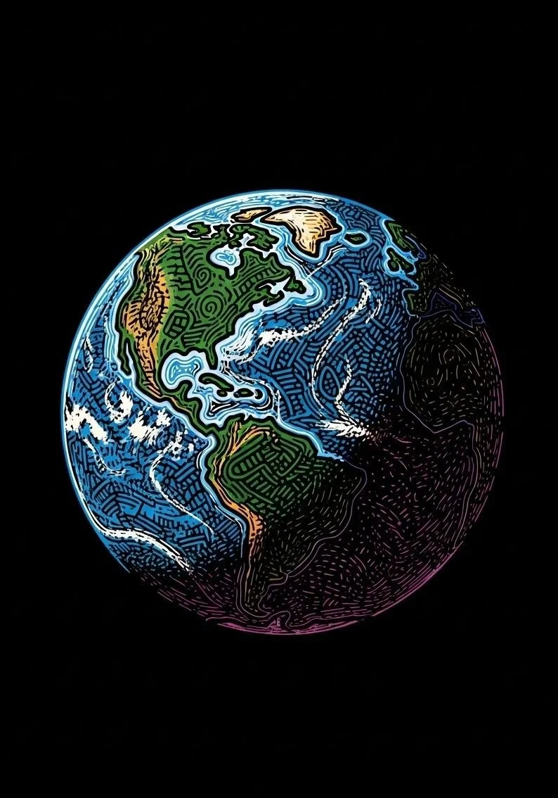 Illustration of the Earth as a glowing blue-green planet against a black background.