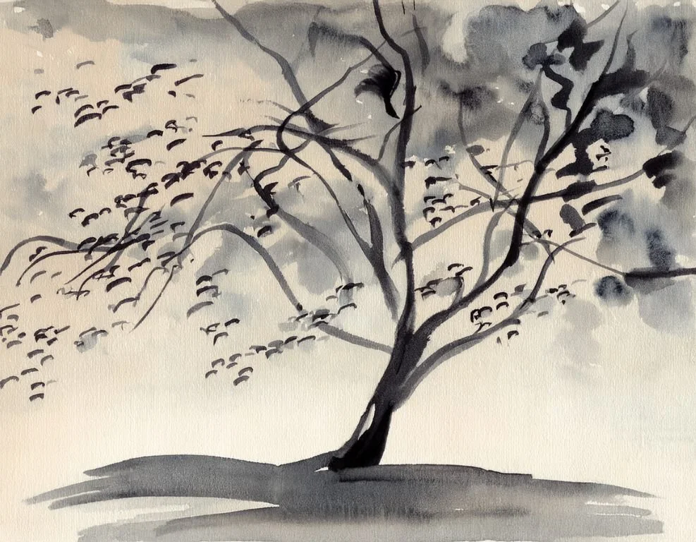 ink wash illustration of a bending tree