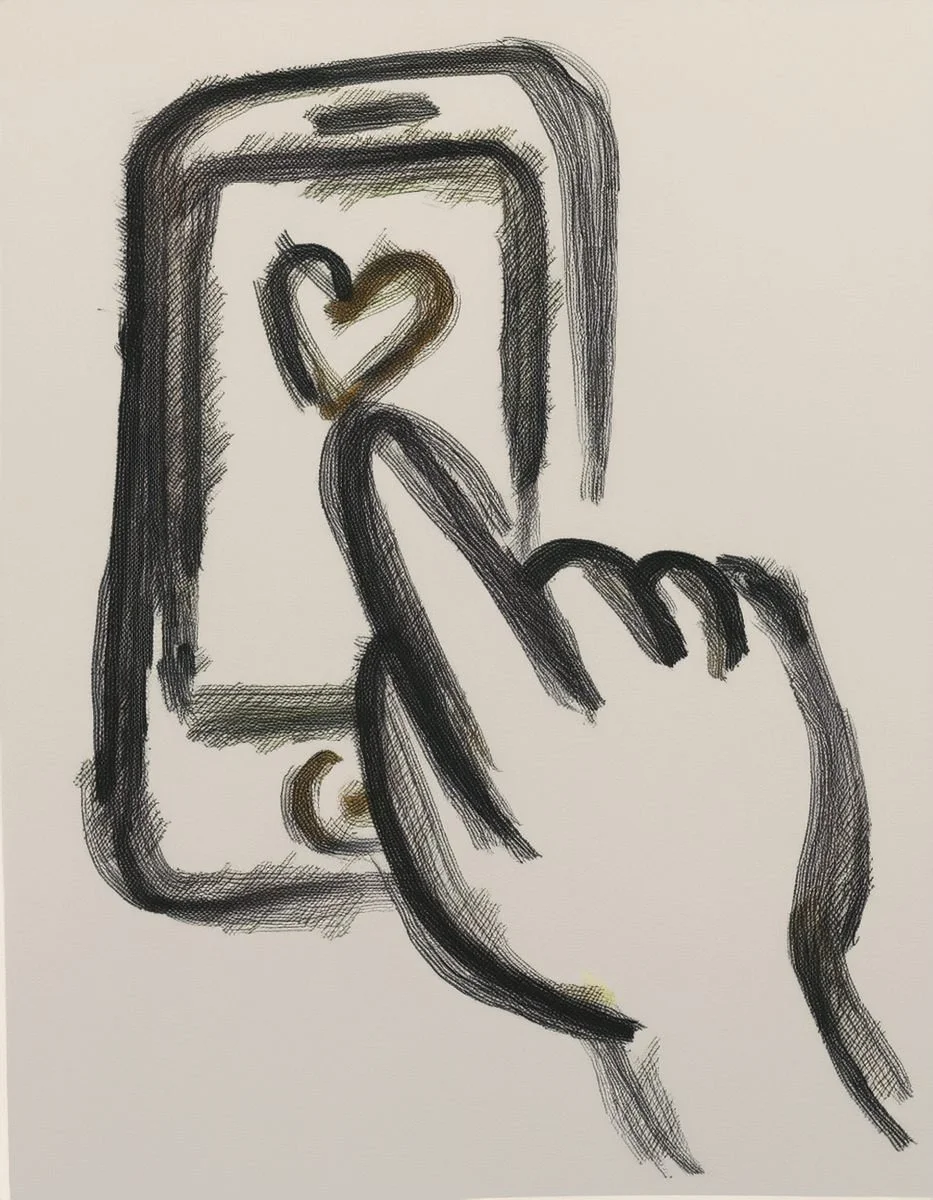 close-up, high-contrast ink drawing of a hand with a finger pressing down on a smartphone screen. A simple hand-drawn heart icon appears on the screen under the fingertip, symbolizing a "like" or digital affection.