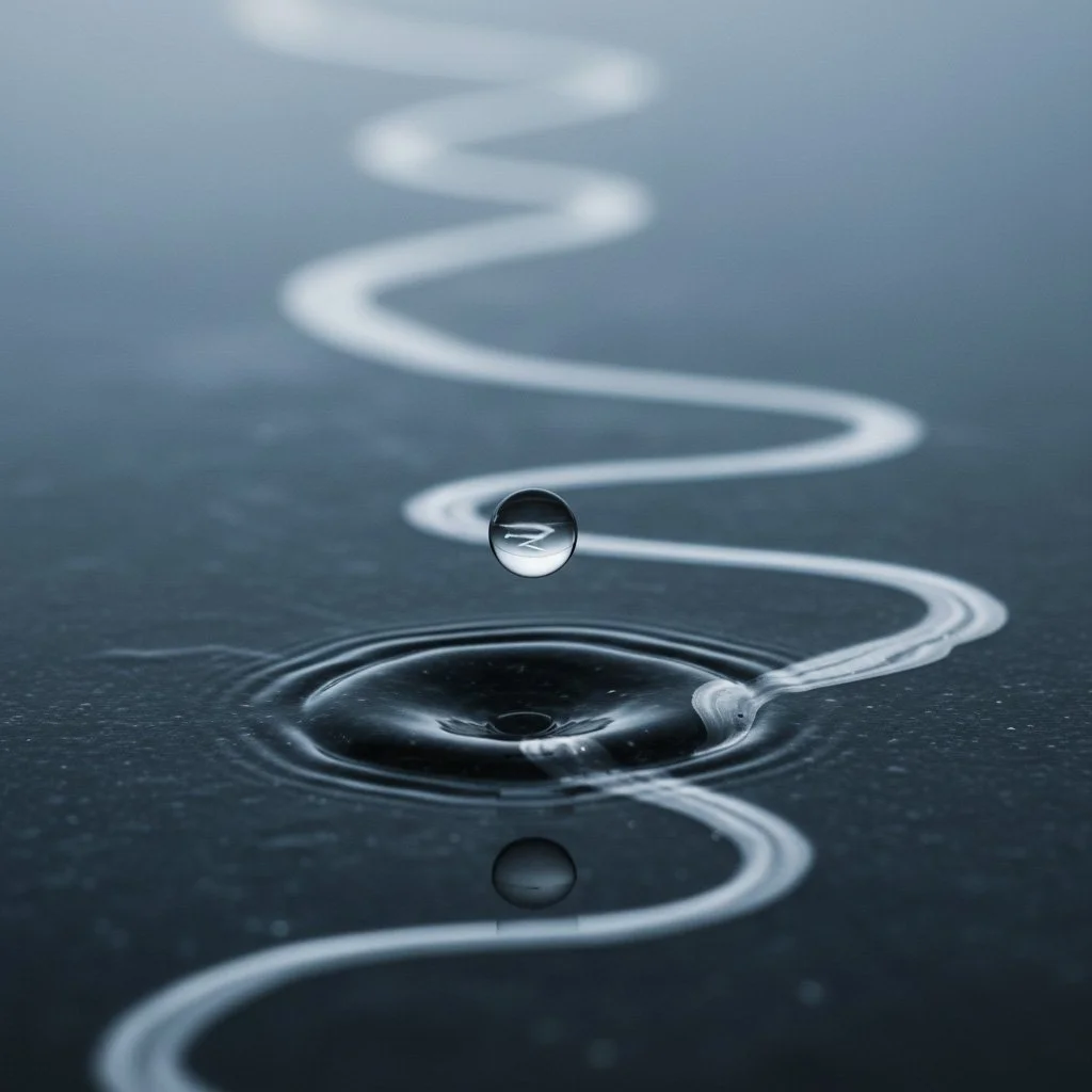 Single water droplet suspended above rippling liquid with a winding reflective path.