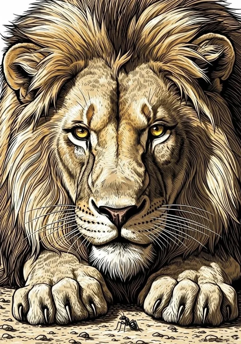 Detailed illustration of a lion resting with its paws forward, staring directly outward.