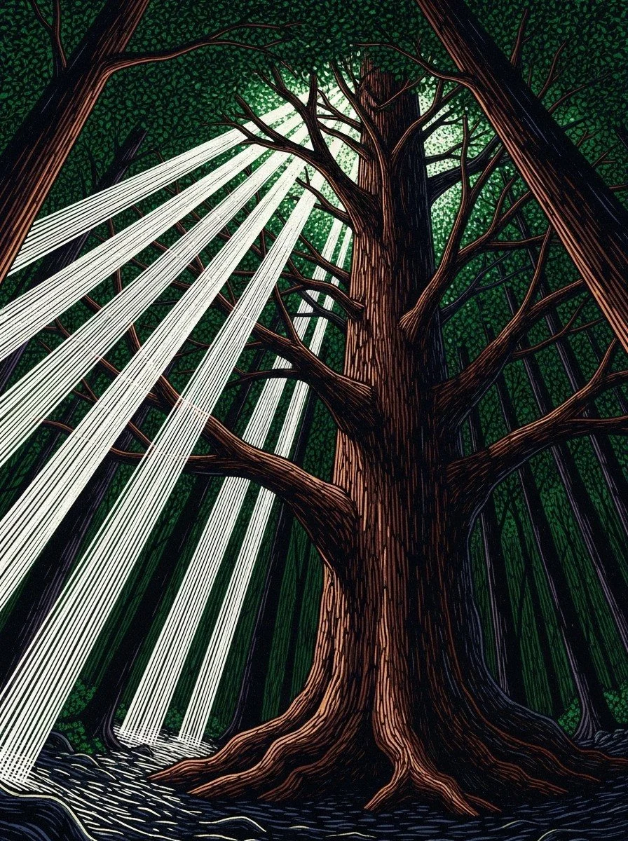 Illustration of a tall tree with bright rays of sunlight streaming through its branches.
