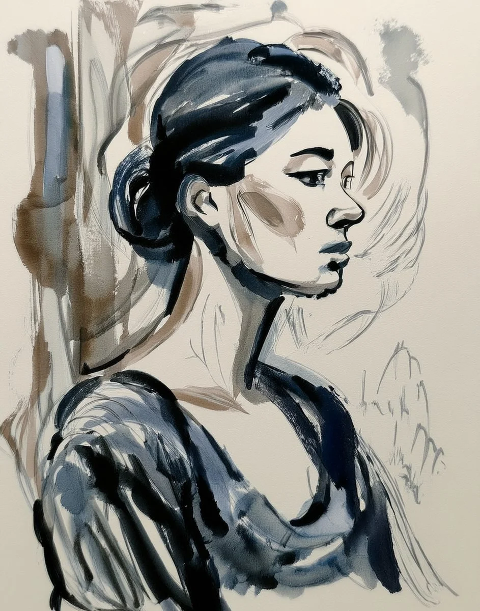 ink and watercolour illustration of a woman looking worried for the Liminal Archive