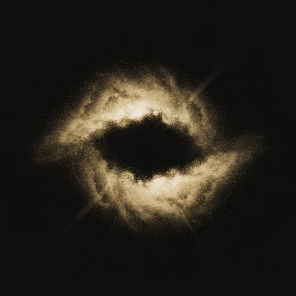 Dark circular void surrounded by glowing golden dust, resembling a devouring cosmic mouth.