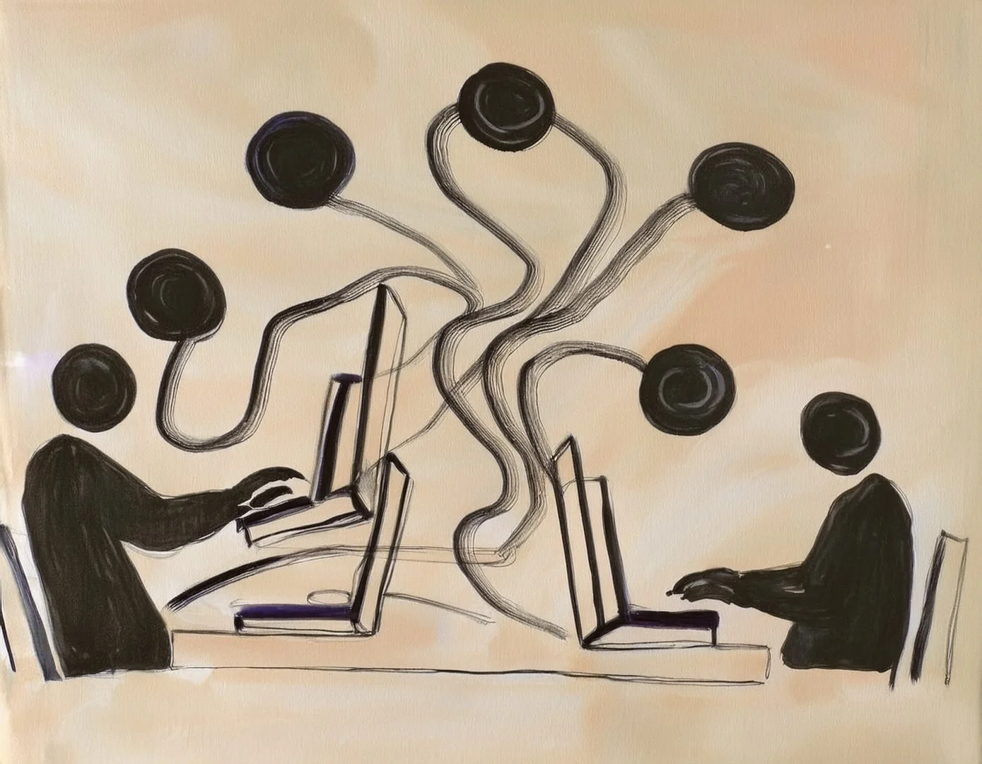 An abstract illustration showing several figures connected to a central, branching network. The lines mimic a neural network or a complex organizational system.