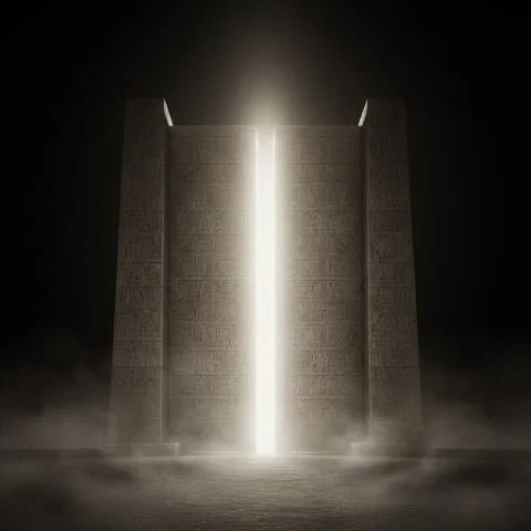 Tall stone doorway split by a bright vertical beam of light.