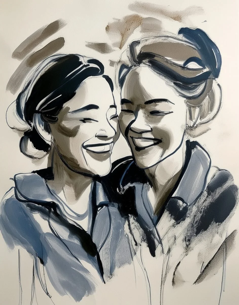 inky illustration of two women laughing used in the liminal archive
