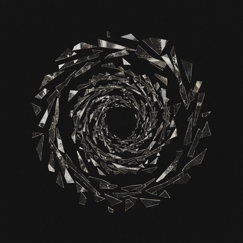 Abstract spiral of reflective glass shards forming a vortex-like mirror pattern against a dark background.