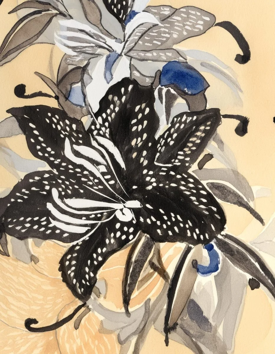 Inky floral illustration used in the Liora lexicon section of the Conversarium.