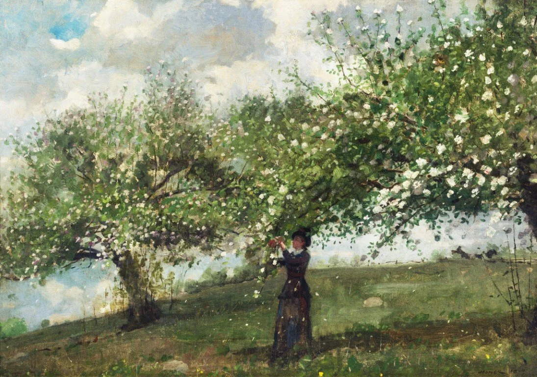 impressionist painting of a woman picking blossom in an orchard