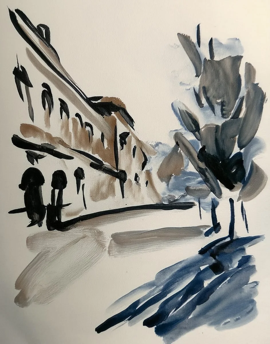 ink and watercolour illustration of a street scene for the Liminal Archive