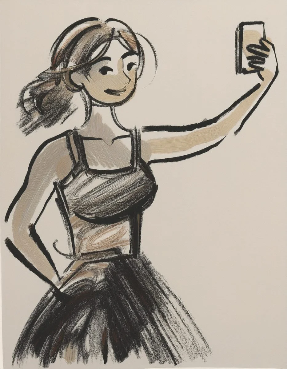 A charcoal and ink sketch of a young woman standing and holding a smartphone up at head height, as if taking a selfie or looking into a digital mirror. She is wearing a dark, sleeveless top and a skirt.