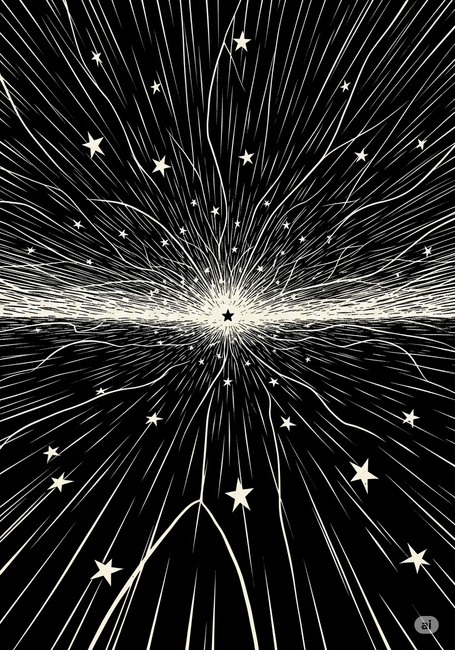 Black sky filled with radiating white star lines and scattered stars.