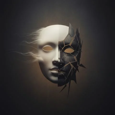 Half human mask merging with fractured geometric shards against a dark background.