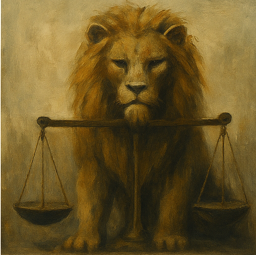 atmospheric oil painting of a lion holding scales of justice