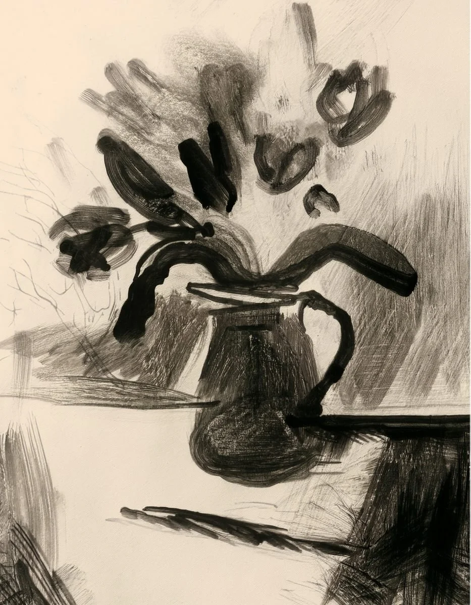 Inky illustration of flowers in a jug used in the Liora language section of the Conversarium.