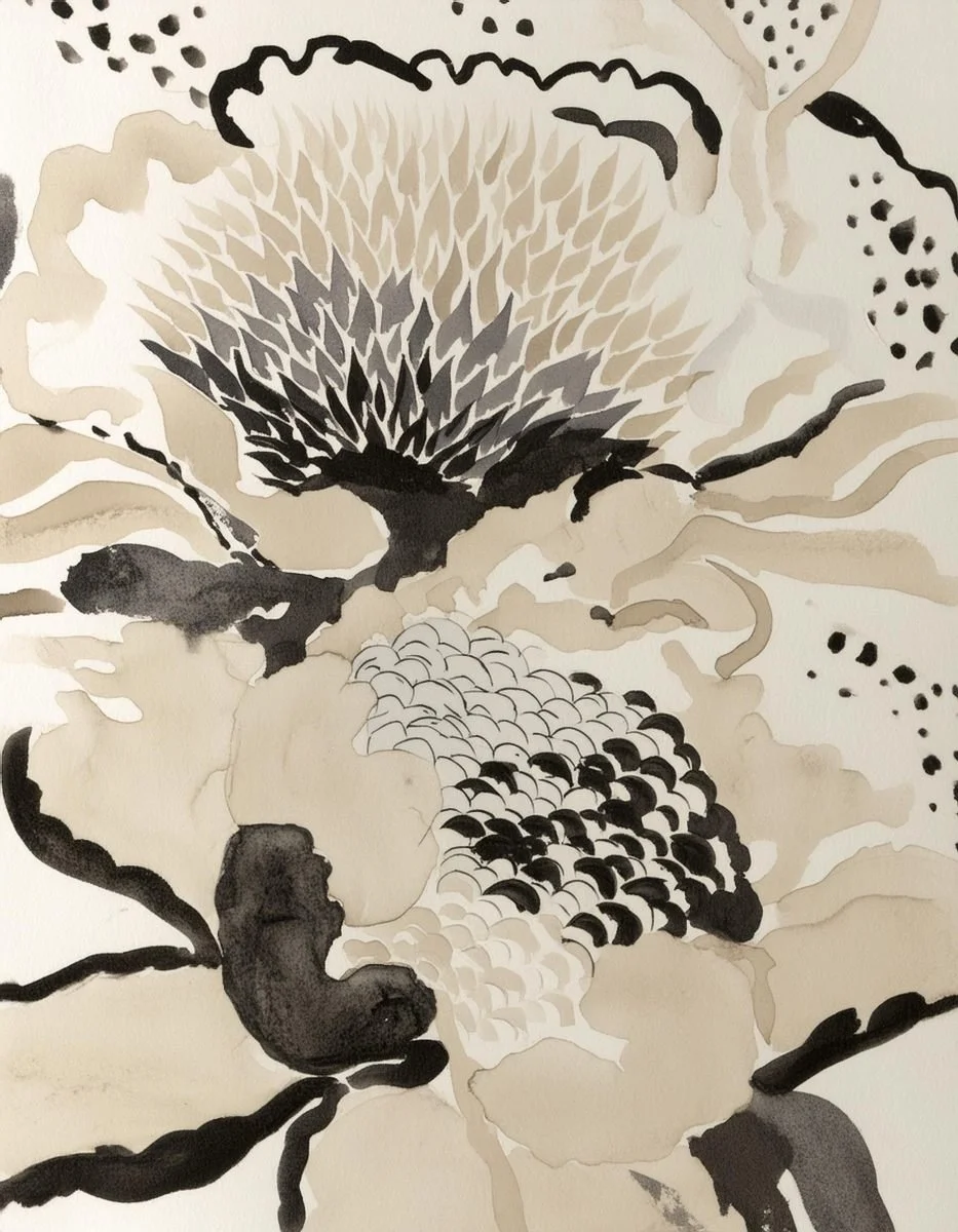 Inky floral illustration used in the Liora lexicon section of the Conversarium.