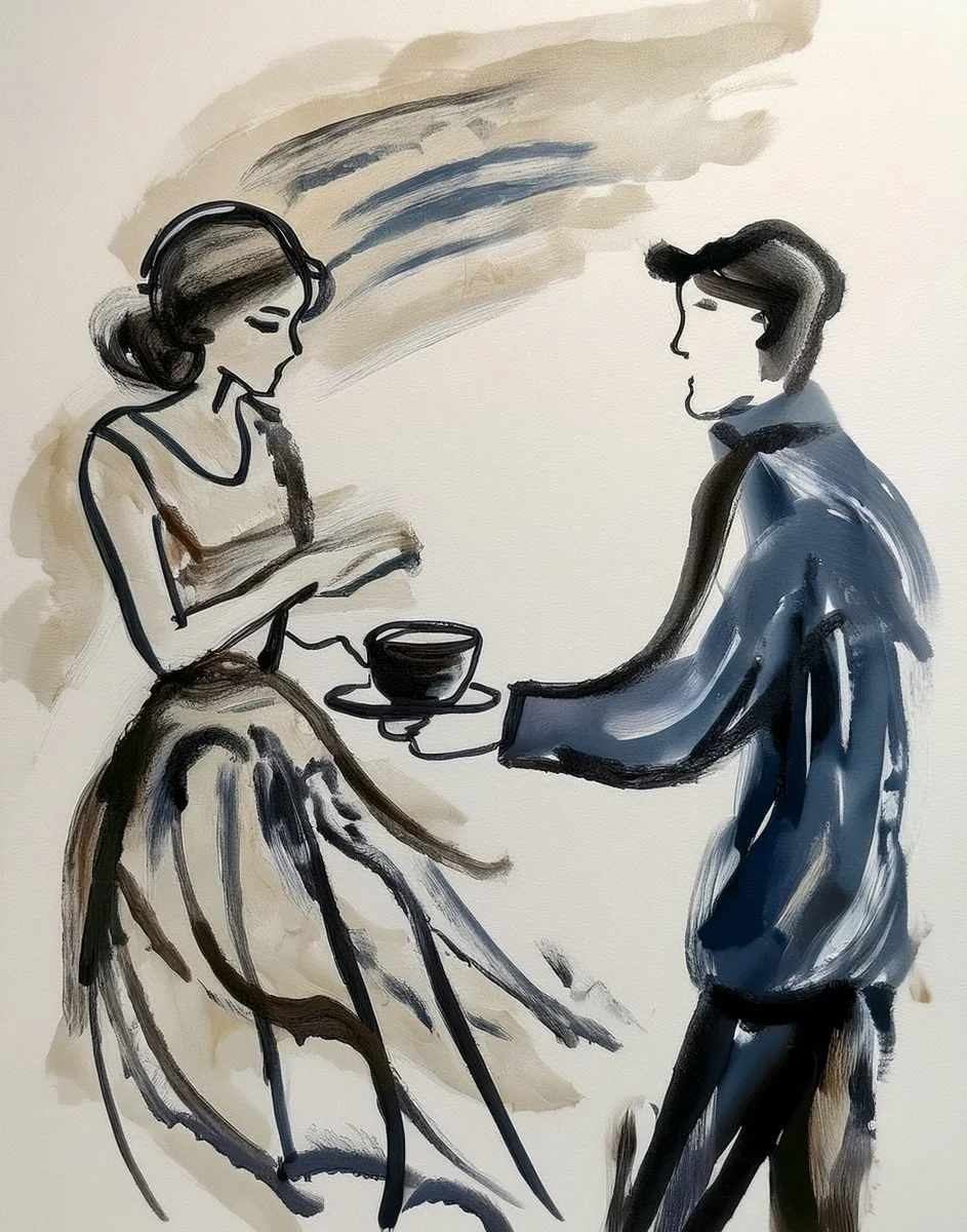 inky illustration of man giving woman tea  used in the liminal archive