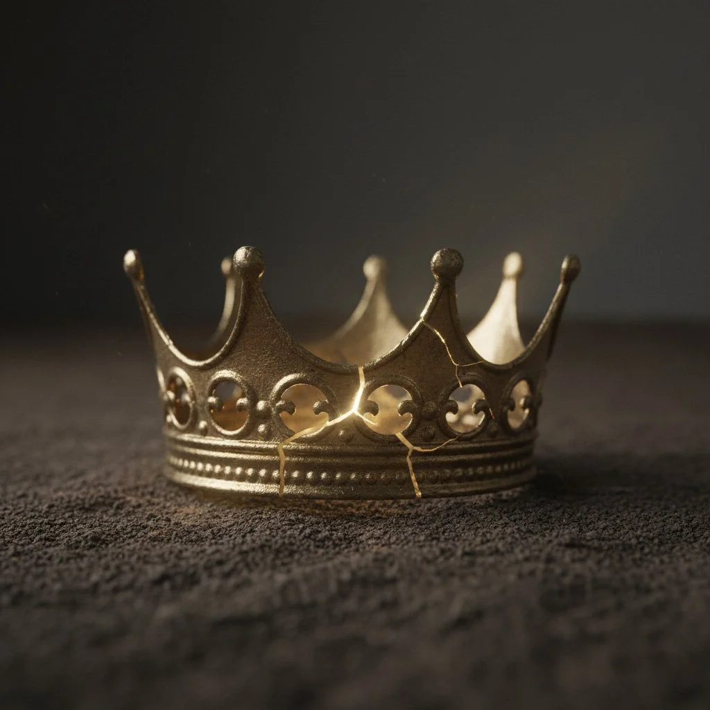 Gold crown resting on a dark surface, illuminated dramatically against a black background.