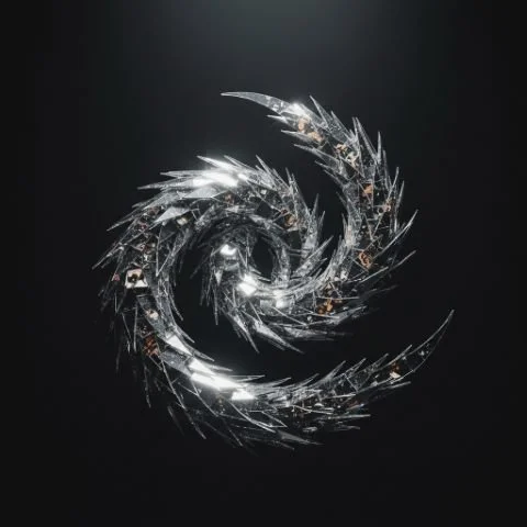 Spiral ring of sharp metallic shards forming a reflective vortex in darkness.