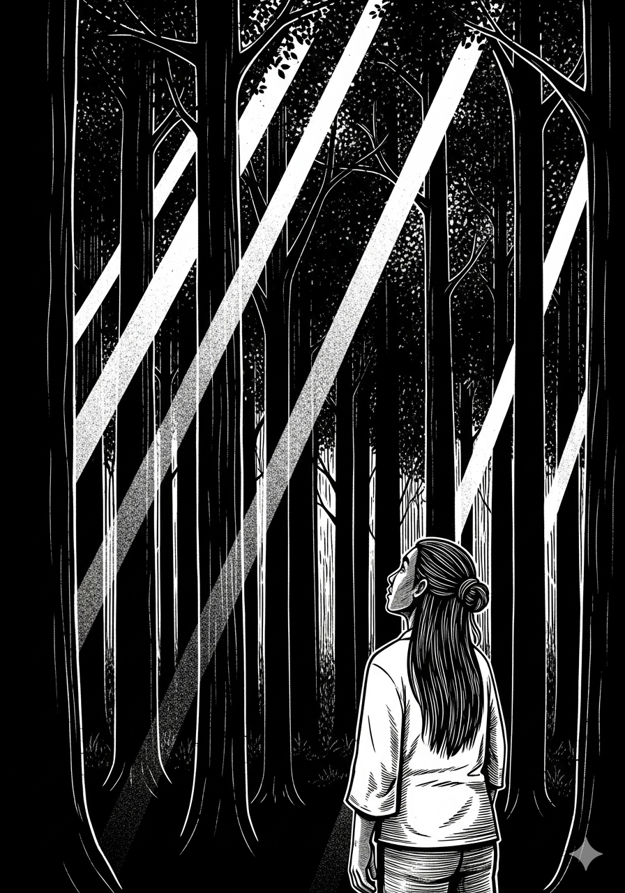 A woman stands in a forest, gazing upward as sunlight filters through tall trees.