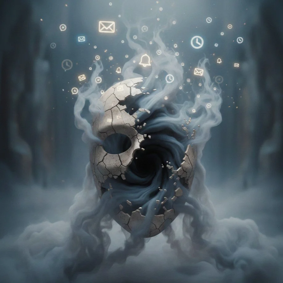 Hollow humanoid figure dissolving into swirling smoke and digital symbols.