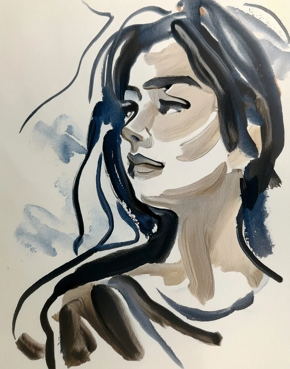 ink and watercolour illustration of a woman looking away for the Liminal Archive