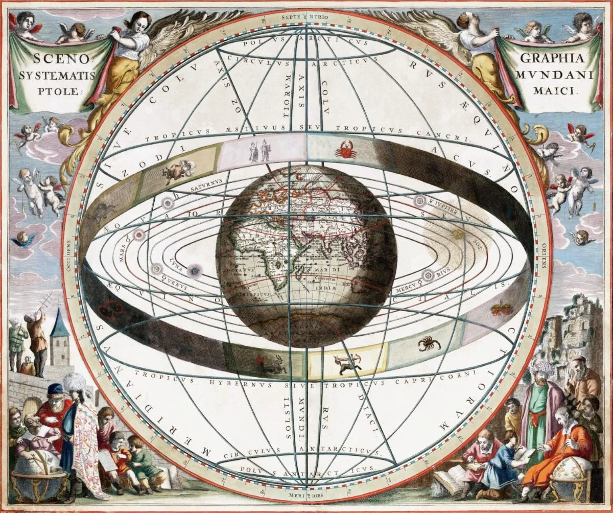 An ancient illustration of the geocentric universe with Earth at the center, surrounded by multiple orbiting celestial spheres, including planets, the moon, and the sun, with decorative figures and scenes around the border.