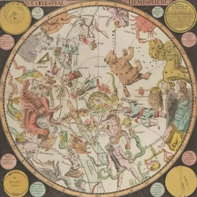 An antique style star chart illustrating the zodiac constellations and mythological figures, with decorative borders and descriptive text.