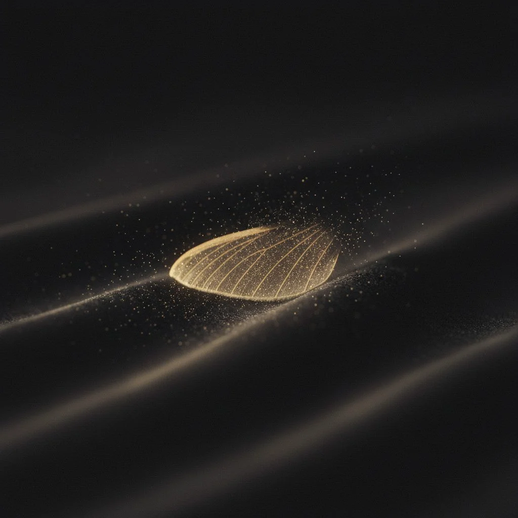 Delicate glowing moth shape formed from golden light drifting through a dark atmosphere.