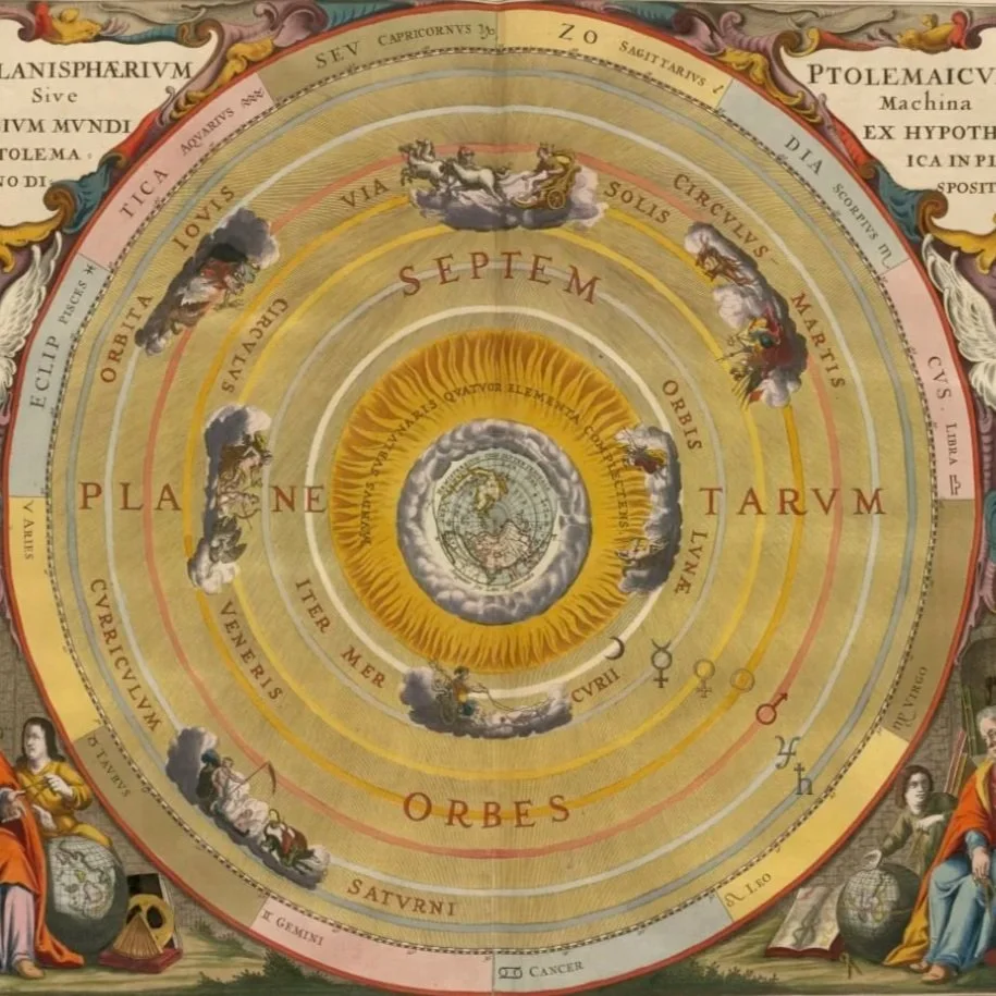 Ancient astronomical chart showing the circular zodiac with planets, stars, and mythological figures, labeled in Latin.