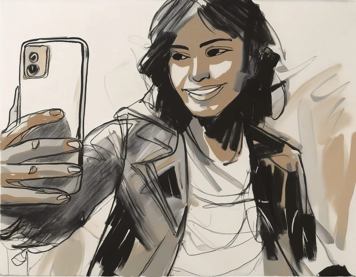Drawing of a smiling young woman taking a selfie with a smartphone in her hand, with short dark hair, wearing a jacket over a t-shirt.