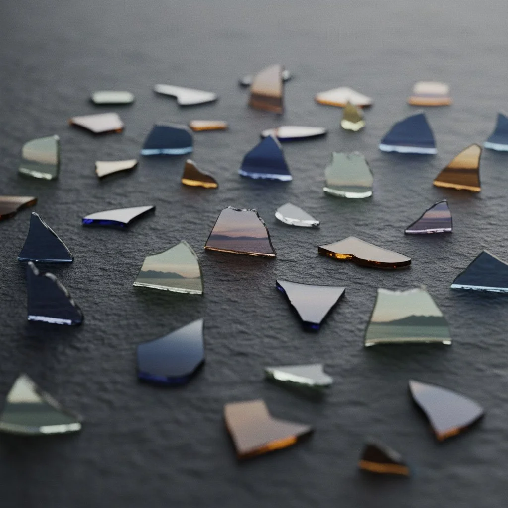Scattered fragments of colored glass arranged across a dark surface.