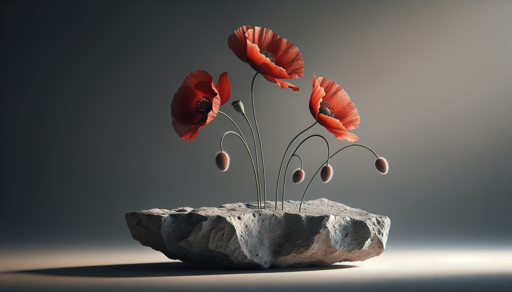 Artificial poppies with red petals and black and yellow centers on thin, curved stems, planted in a rough gray rock, against a dark gradient background.